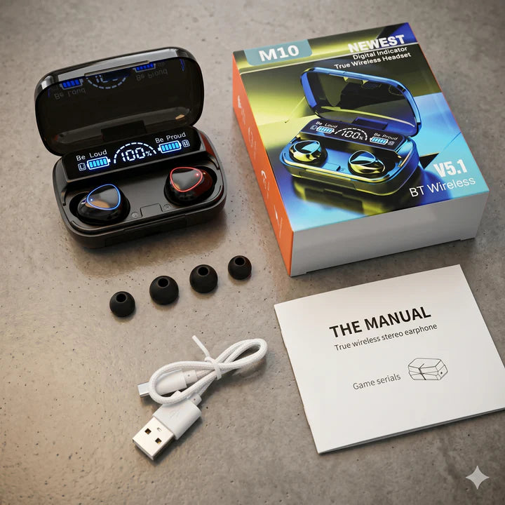 M10 TWS Bluetooth 5.1 Earbuds: Waterproof Gaming Headphones with LED Power Display